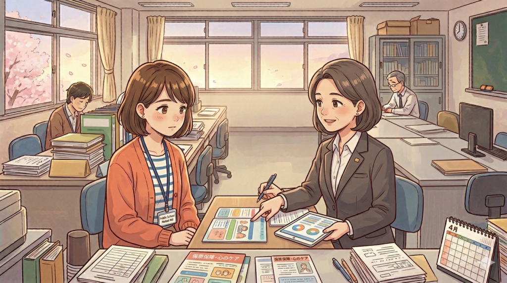 保険の営業担当は呼ばなくても職員室にやってきます。