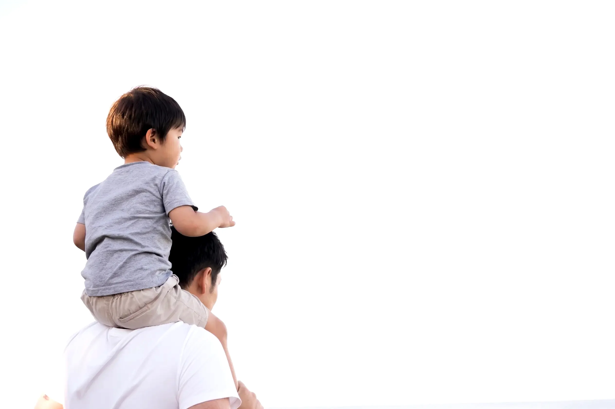 子どもを肩車して遠くを見る親子